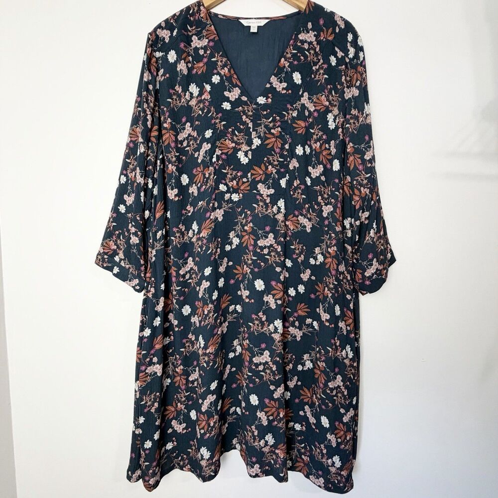 Garnet Hill Dress Navy Floral V-Neck 3/4 Sleeve Knee Length Women’s XL
